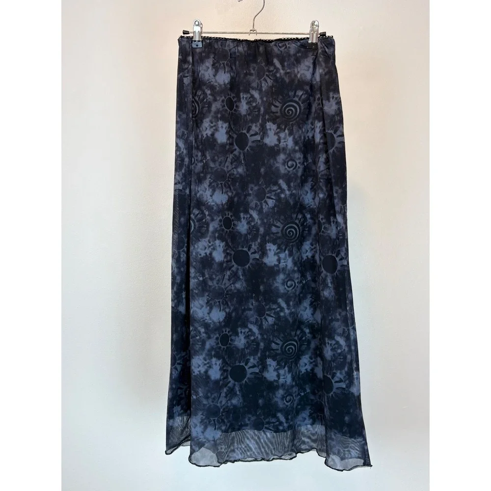 Daisy Street Mesh Maxi Skirt Womens Medium Blue Celestial Sun Print Grunge Y2K